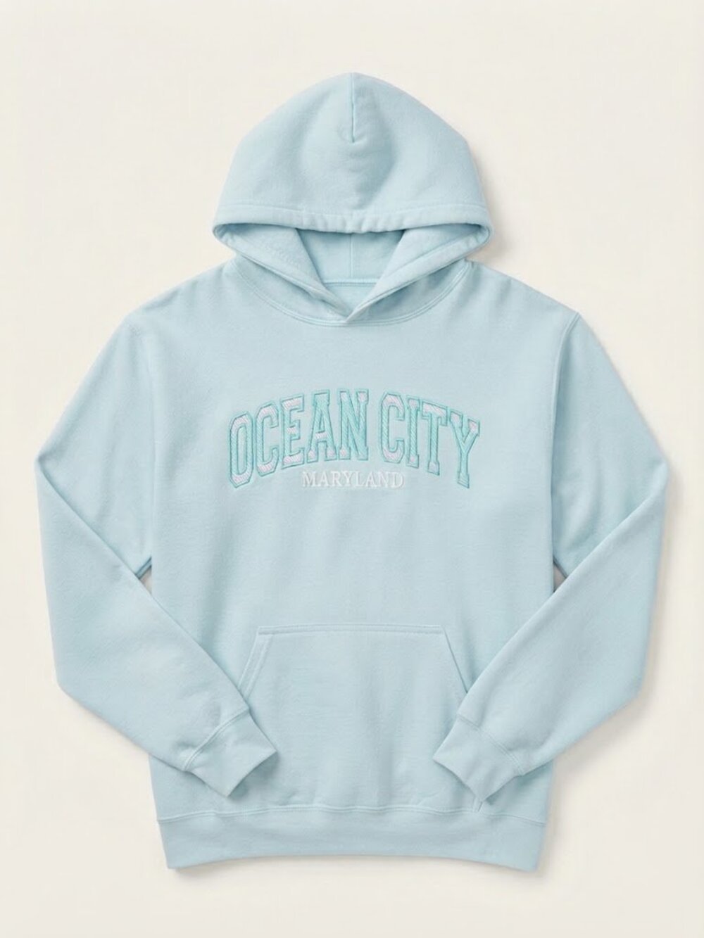 Y2K Style Ocean City Maryland Hoodie Pastel Blue Embroidered Spellout Sweatshirt